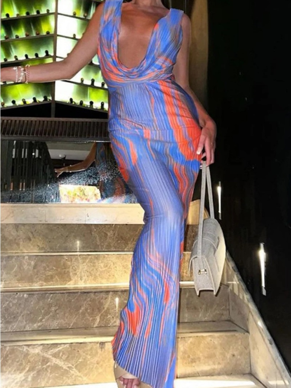 Commense Blue & Orange Plunging Cowl Maxi Dress